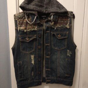 Distressed hooded jean jacket vest by Carbon Size medium